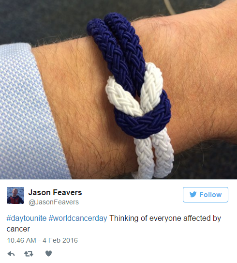 World Cancer Day Tweet, @JasonFeavers: "#daytounite #worldcancerday Thinking of everyone affected by cancer" 2/04/2016